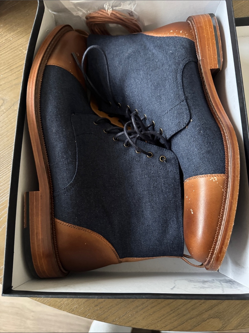 Taft Navy Fabric and Brown Leather Chukka Boots